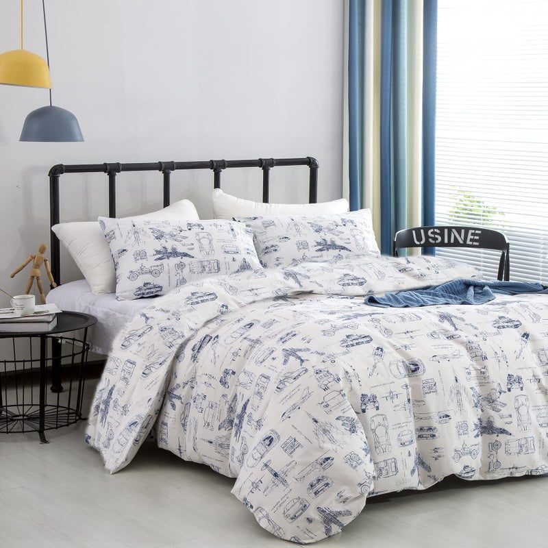 CLOTHKNOW Kids Queen Duvet Cover Sets 3Pcs White Blue Cars Bedding Sets Aircraft Vehicles Queen Duvet Cover Cartoon Bedding Comforter Cover Sets - Image 4